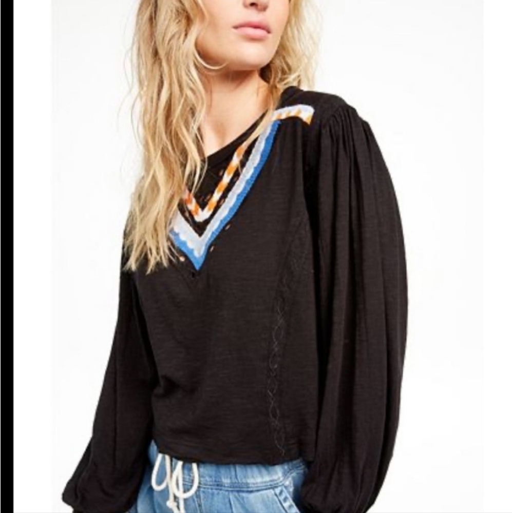 Free People Hands Down Boho Embroidered Balloon Sleeve Slouchy Top Small